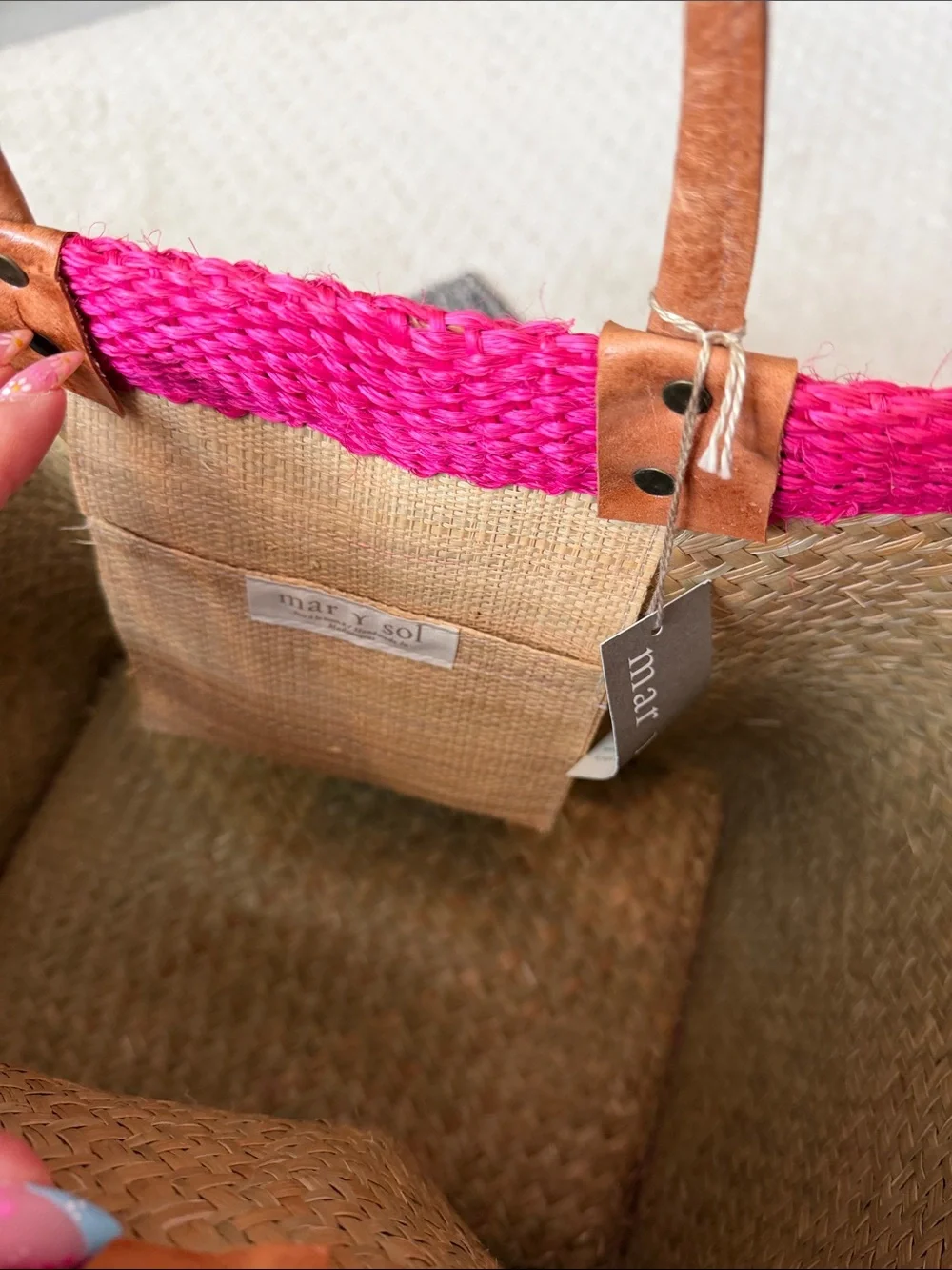 Bright Pink Woven Tote with Multicolor Tassel Charm
